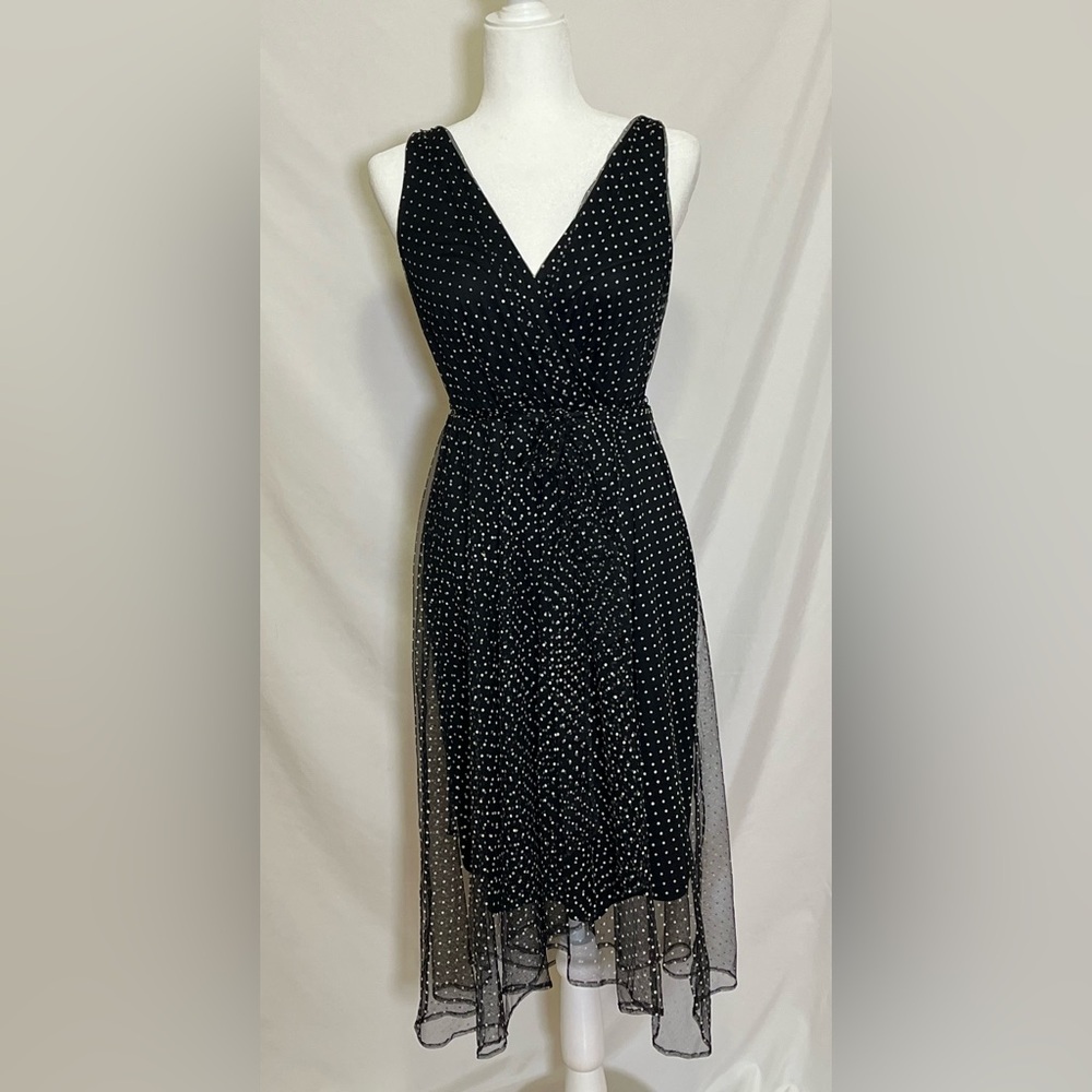 DKNY Black Polka Dot V-Neck Sleeveless Midi Dress with Sheer Overlay Size 6